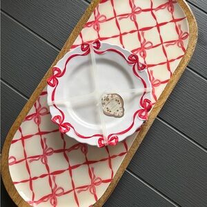 Shabby Chic Red and White Ribbon Lattice Design Serving Platter and Plate Set